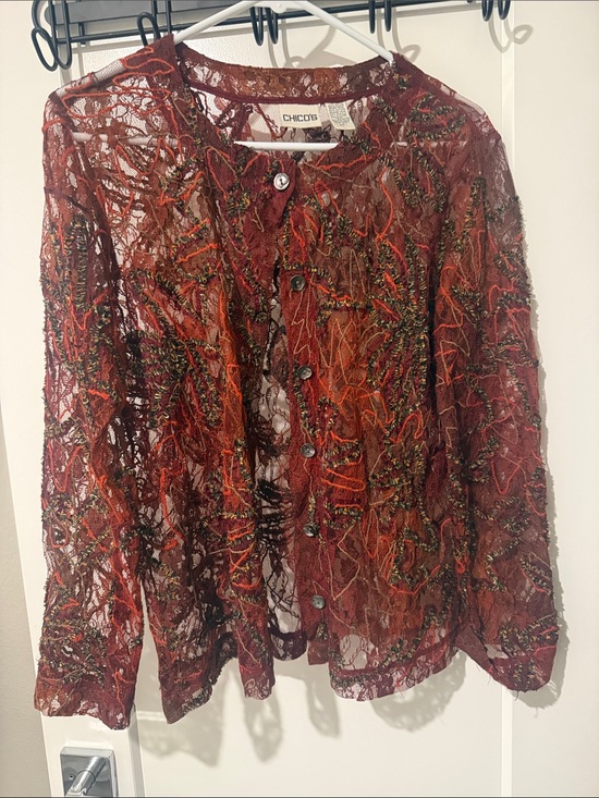 Chico's Tops - Chico's Rust, Olive & Burnt Orange Embroidered Lace Button-Down Shirt